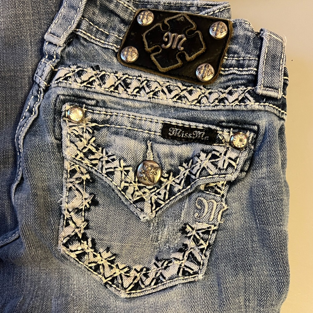 Miss Me Blue Boot Cut Jeans with White Embroidery